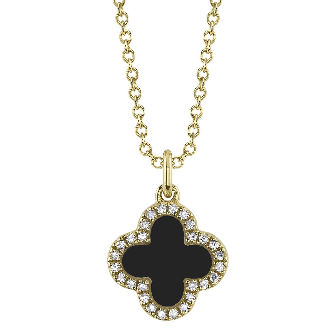 Shy Creation Clover Yellow Gold, Onyx and Diamond Pavé Pendant